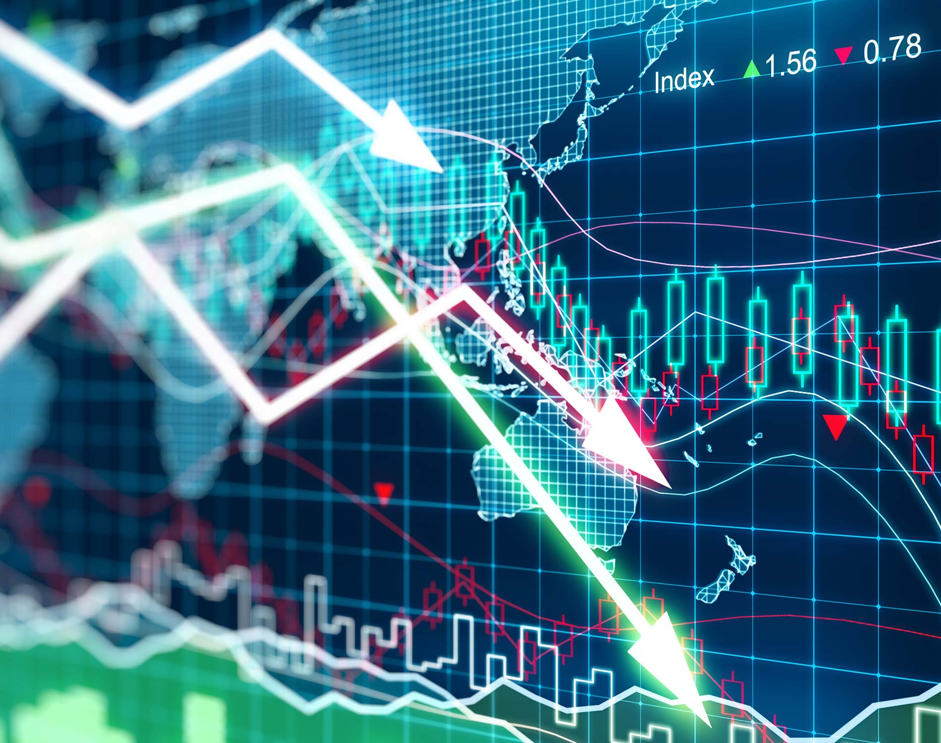 Business graph with arrows tending downwards Business graph with arrows tending downwards