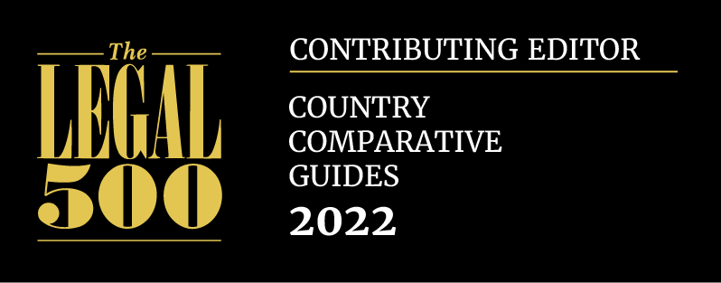 Black banner with the text: The Legal 500. Contributing editor. Country Comparative Guides. 2022.